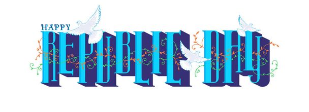 Blue Happy Republic Day Text with Flying Pigeon and Motifs on Wh - Vector, Imagen