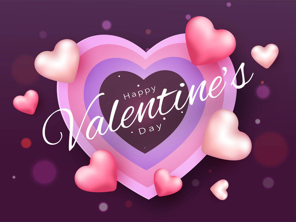 Happy Valentine's Day Font Decorated with Glossy Pink Hearts on  - ベクター画像