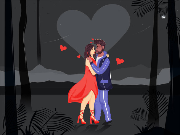 Young Loving Couple Character on Nature Night Scene Black Backgr - Vector, Image