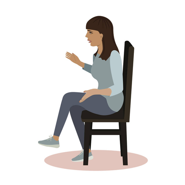 Una donna parlante seduta sulla sedia. Illustrazione vettoriale in stile piatto isolata su sfondo bianco
. - Vettoriali, immagini