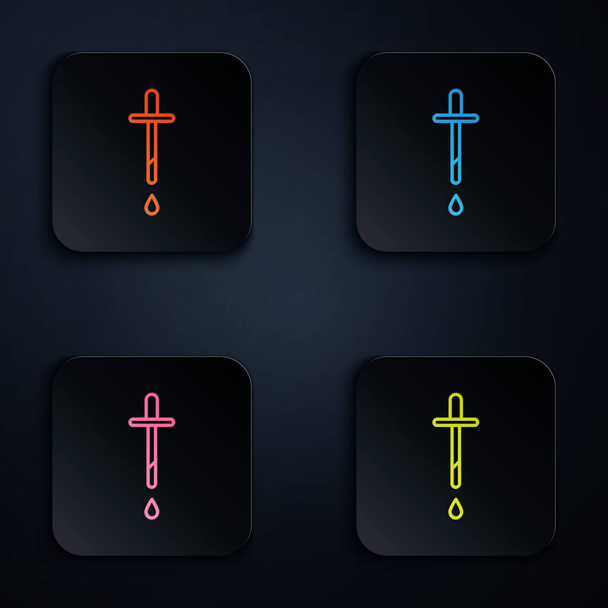 Color neon line Pipette icon isolated on black background. Element of medical, chemistry lab equipment. Pipette with drop. Medicine symbol. Set icons in colorful square buttons. Vector Illustration - ベクター画像