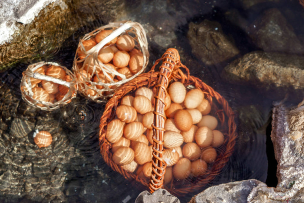 Een mand met eieren voor toeristen die worden gekookt in mineraal en natuurlijk warm water in Chae Son National Park, Lampang, Thailand. - Foto, afbeelding