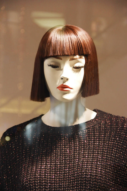 woman mannequin in a warm sweater on a shop window - Фото, зображення