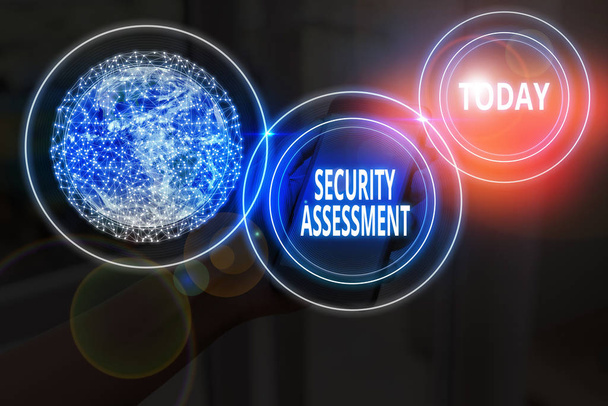 Text sign showing Security Assessment. Conceptual photo study to locate IT security vulnerabilities and risks Elements of this image furnished by NASA. - Photo, Image