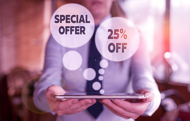Conceptual hand writing showing Special Offer 25 Off. Business photo text Discounts promotion Sales Retail Marketing Offer Woman in the background pointing with finger in empty space. - Photo, Image