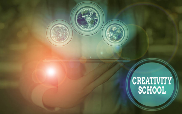 Writing note showing Creativity School. Business photo showcasing students are able to use imagination and critical thinking Elements of this image furnished by NASA. - Photo, Image