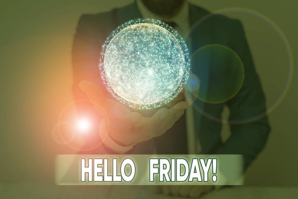 Writing note showing Hello Friday. Business photo showcasing used to express happiness from beginning of fresh week Elements of this image furnished by NASA. - Photo, Image