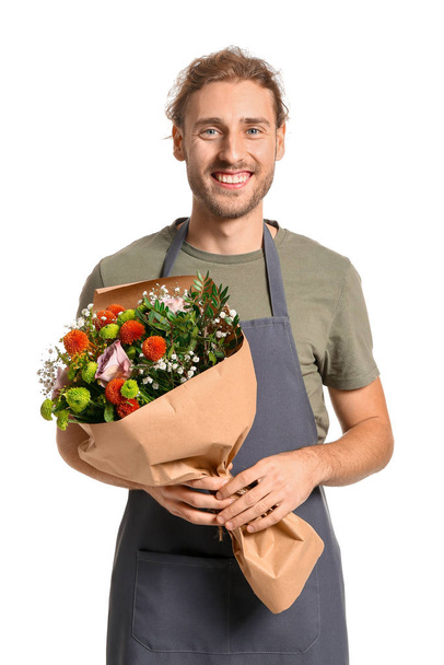 florista masculino com buquê no fundo branco
 - Foto, Imagem