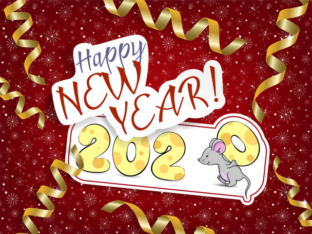 2020 Happy New Year greeting. Cute card with mouse on the red background.  - Vector, Image