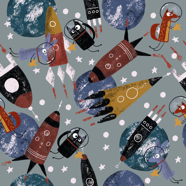Hand drawn digital pencil pastel color cute cartoon grunge texture seamless pattern illustration rockets on the space, planets, stars, moon on dark gray background for textile, wallpaper texture - Foto, immagini