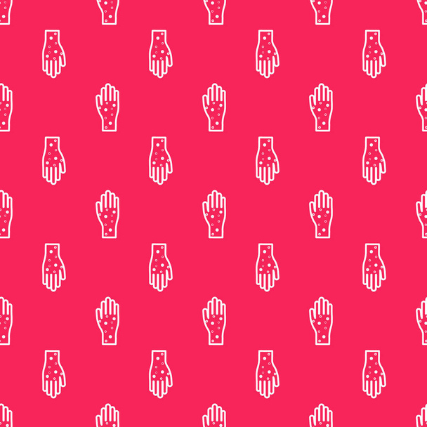 White line Hand with psoriasis or eczema icon isolated seamless pattern on red background. Concept of human skin response to allergen or chronic body problem. Vector Illustration - Vector, afbeelding
