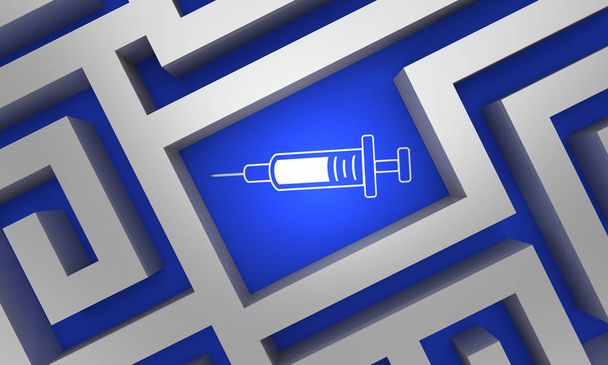 jeringa aguja medicina inyección inyección medicación vacuna laberinto perdido encontrado navegar 3d ilustración
 - Foto, Imagen
