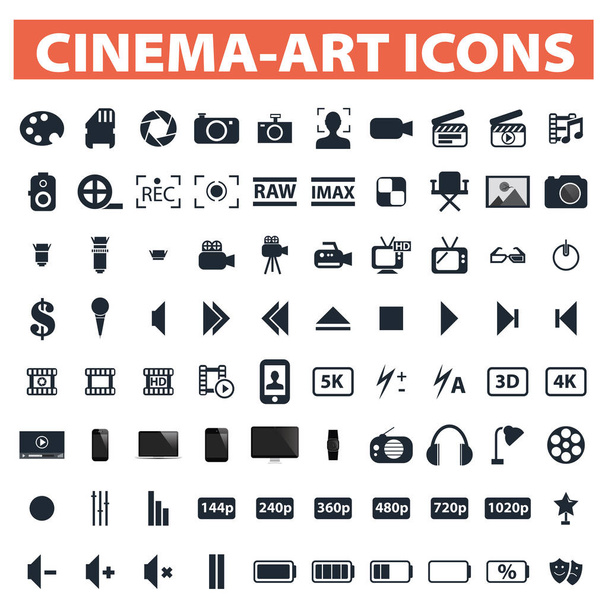 Arts And Entertainment Icons. Black Flat Design. Vector Illustration. - Vector, Image