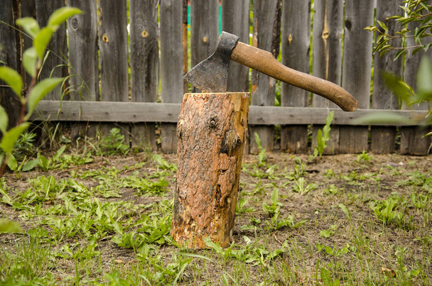Lumberjack chopping wood. Young man chopping woods with an axe - Fotografie, Obrázek