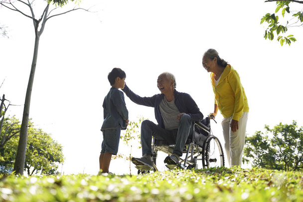 asian grandparents and grandson enjoying nature in park - Photo, Image