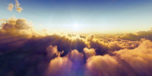 Kaunis ilmakuva pilvien yläpuolella auringonlaskun. 3d kuva - Valokuva, kuva
