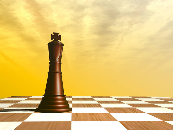 Chess wooden King alone on a chessboard - 3D render - Photo, Image