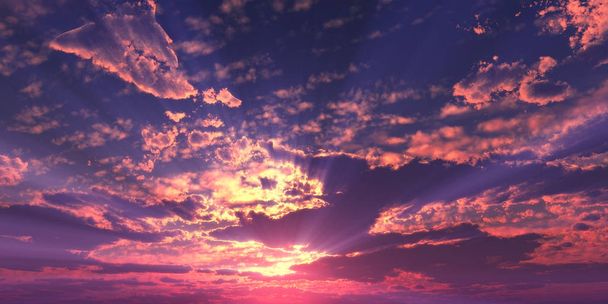 Sonnenuntergang / Sonnenaufgang mit Wolken, Lichtstrahlen und anderen atmosphärischen Effekten, 3D-Illustration - Foto, Bild