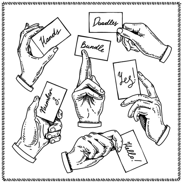 Hands doodles holding card. - Vektori, kuva