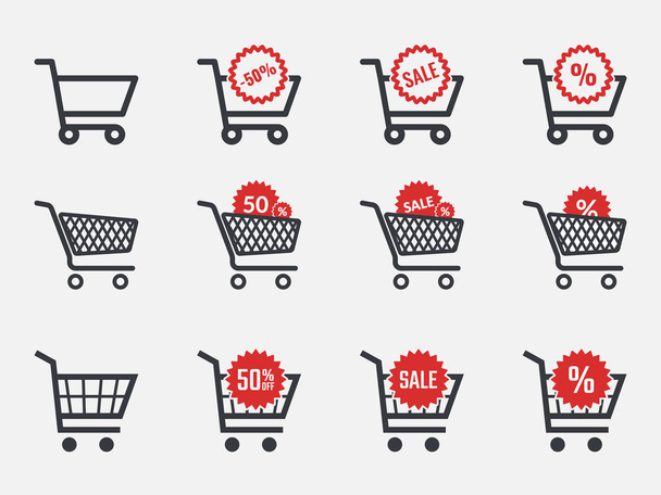 trolley icons, sale and discount icon set with shopping cart - Vektor, kép