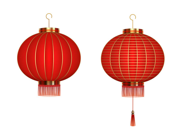 Set of hanging red Chinese lanterns isolated on white background. Traditional chinese lanterns. Vector illustration - Vektor, Bild