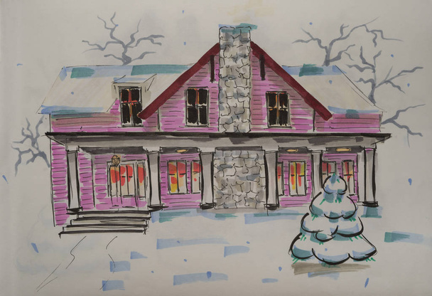 Ручной рисунок домика зимой с рождественской елкой
. - Фото, изображение
