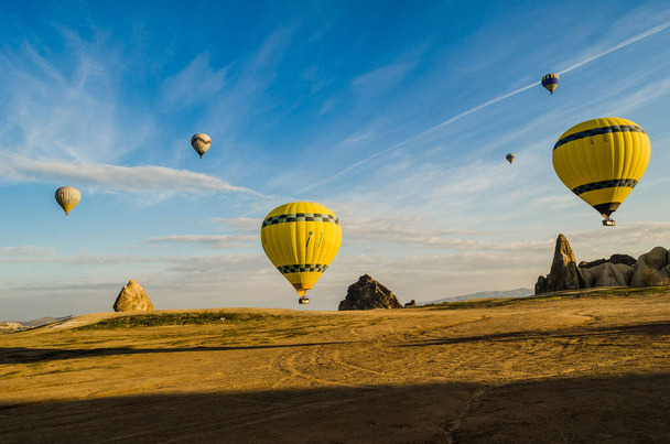 Turkey, Cappadocia, balloon ride over G reme, incredible geological landscapes aerial view - Photo, Image