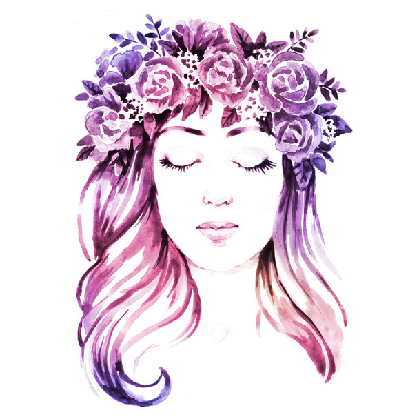 Girl in floral wreath, hand paint watercolor illustration - Foto, imagen