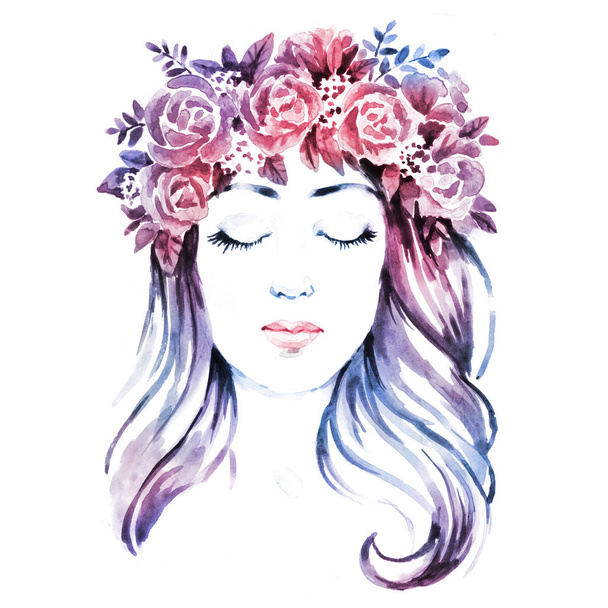 Girl in floral wreath, hand paint watercolor illustration - Photo, Image