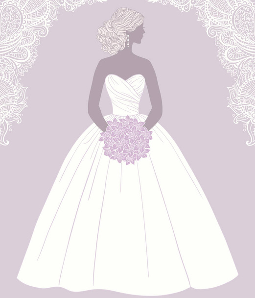Beautiful bride holding a rose bouquet, vector illustration for  - Vektör, Görsel