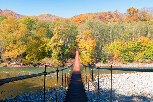 Narrow metal foot bridge across river in autumn - Photo, Image