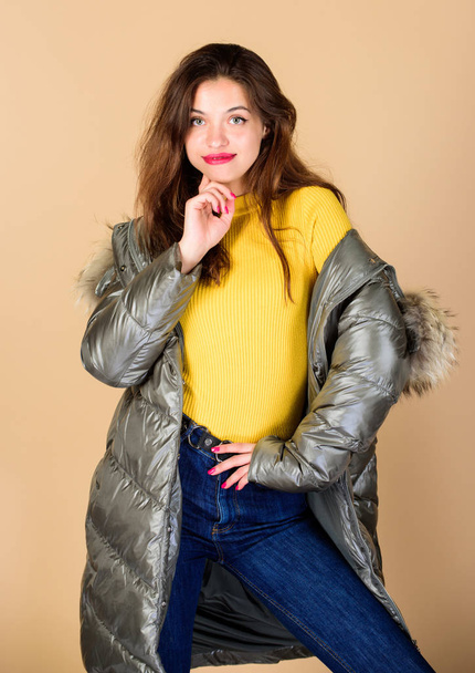 Favorite sweater. beauty in winter clothing. cold season shopping. woman in padded warm coat. girl in puffed coat. faux fur fashion. flu and cold. seasonal fashion. happy winter holidays - Foto, Imagen