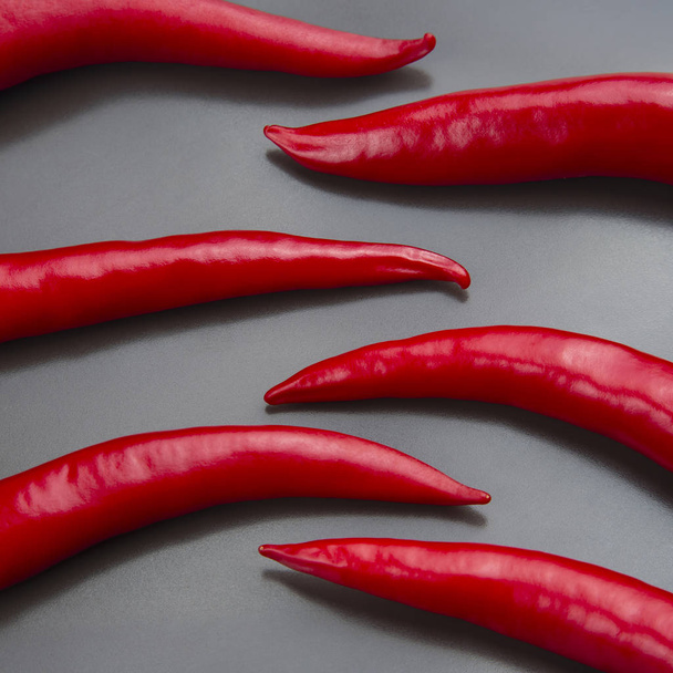 Kořeněné červené čerstvé papriky na šedém pozadí - Fotografie, Obrázek