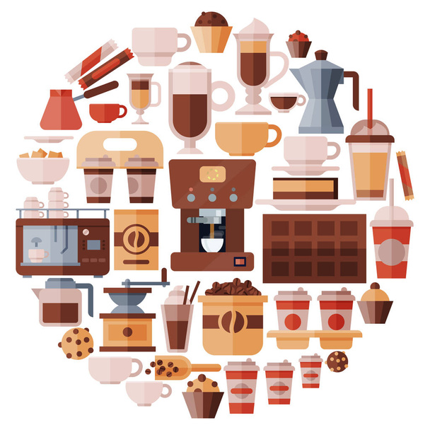 Big set of coffee equipment vector illustration. Coffee maker, mill, coffee machine and cezve. Cappuccino, espresso and mocha drinks to go. Cafe, shop icon set with pastry and bakery - Vector, Image