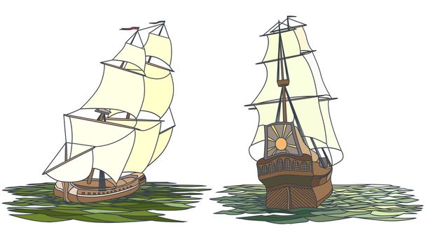 Vektor-Set von Farbschiff mit Segeln für Symbole. - Vektor, Bild