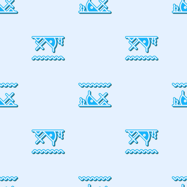 Blaue Linie versunkenes Schiff am Grund des Meeres Symbol isoliert nahtlose Muster auf grauem Hintergrund. Vektorillustration - Vektor, Bild