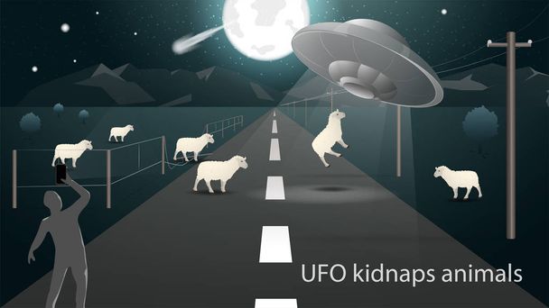 flying saucer UFO kidnap in the field animal sheep beam of light - Vector, Image