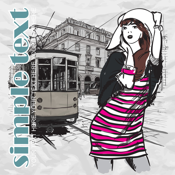 Vector illustration of a pretty fashion girl and old tram. - Vektor, obrázek