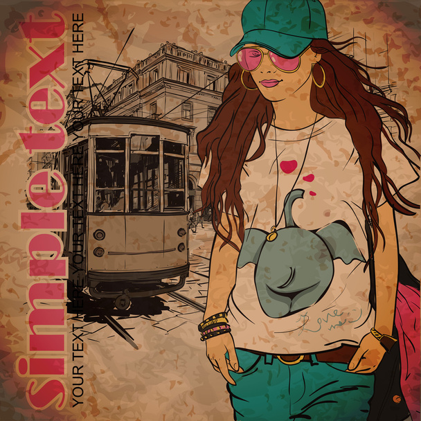Vector illustration of a pretty fashion girl and old tram - Vektor, Bild