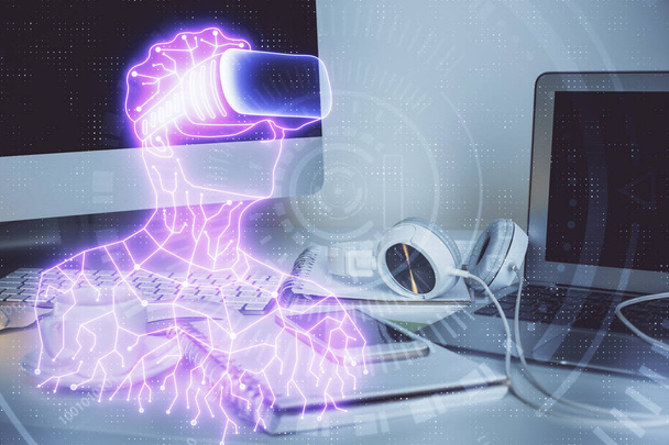 Computer on desktop with AR theme icon. Multi exposure. Concept of augmented reality. - Φωτογραφία, εικόνα