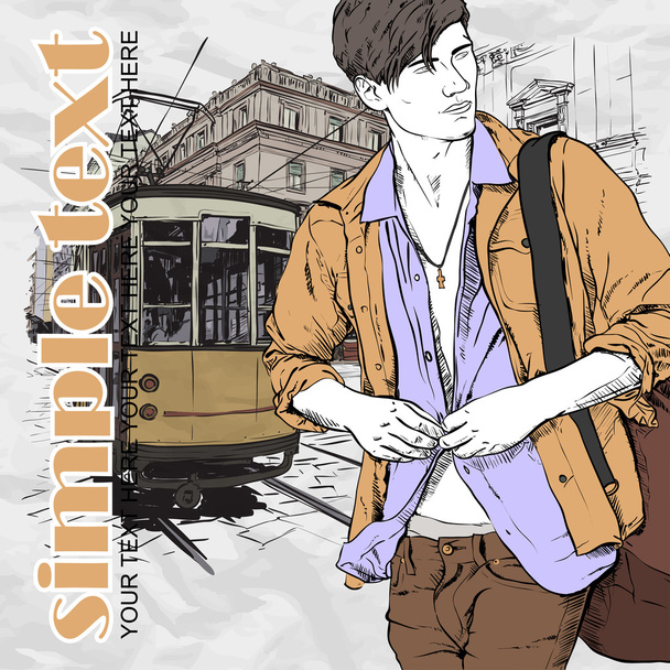 Vector illustration of a young stylish guy and old tram. - Vektör, Görsel