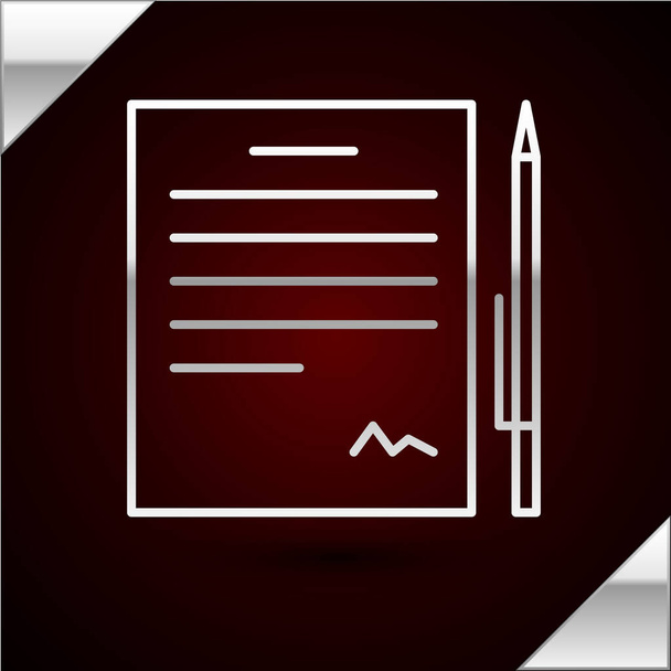 Zilverkleurige lijn Contract met pen pictogram geïsoleerd op donkerrode achtergrond. Bestand icoon. Checklist icoon. Bedrijfsconcept. Vector Illustratie - Vector, afbeelding
