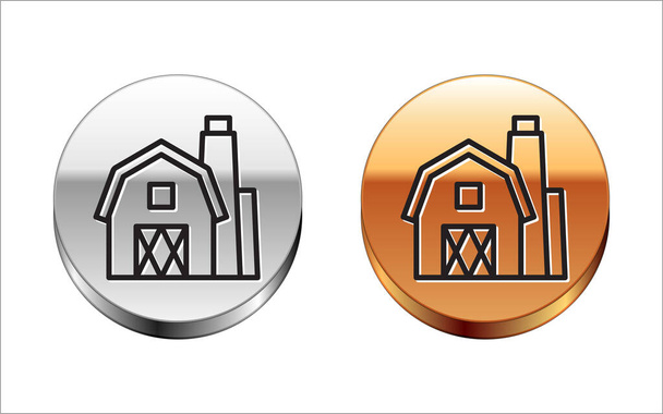 Černá čára Farm House koncept ikona izolované na bílém pozadí. Rustikální zemědělská krajina. Stříbrný zlatý knoflík. Vektorová ilustrace - Vektor, obrázek