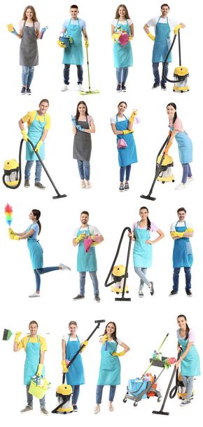 Collage of janitors with cleaning supplies on white background - Fotó, kép