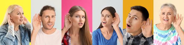Different people with hearing problem on color background - Fotografie, Obrázek