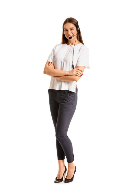 Female technical support agent on white background - Foto, imagen