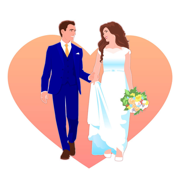 glückliche Braut und Bräutigam gehen auf dem Hintergrund des Herzens - Vektor, Bild