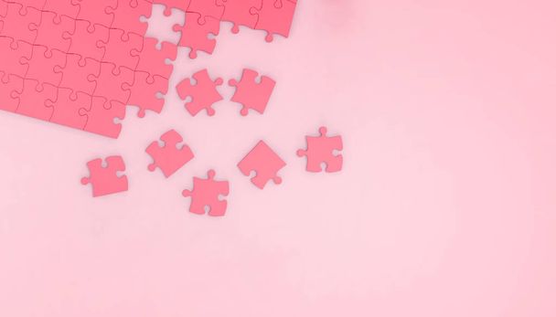 Puzzle jigsaw ideias vermelhas conceito de negócios e fundo vermelho - renderização 3d - estilo mínimo
 - Foto, Imagem