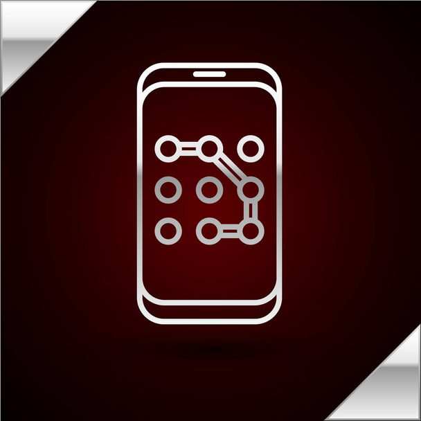 Stříbrná linka Mobilní telefon a grafické heslo ikona izolované na tmavočerveném pozadí. Zabezpečení, bezpečnost, osobní přístup, oprávnění uživatele. Vektorová ilustrace - Vektor, obrázek