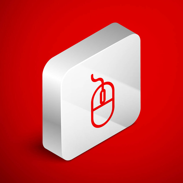 Línea isométrica Icono del ratón del ordenador aislado sobre fondo rojo. Óptica con símbolo de rueda. Botón cuadrado plateado. Ilustración vectorial
 - Vector, imagen
